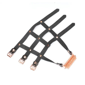 Harnais de chevilles en cuir noir LIEBE SEELE avec sangles réglables, boucles métalliques et roulette intégrée, présenté sur fond blanc, vue produit détaillée