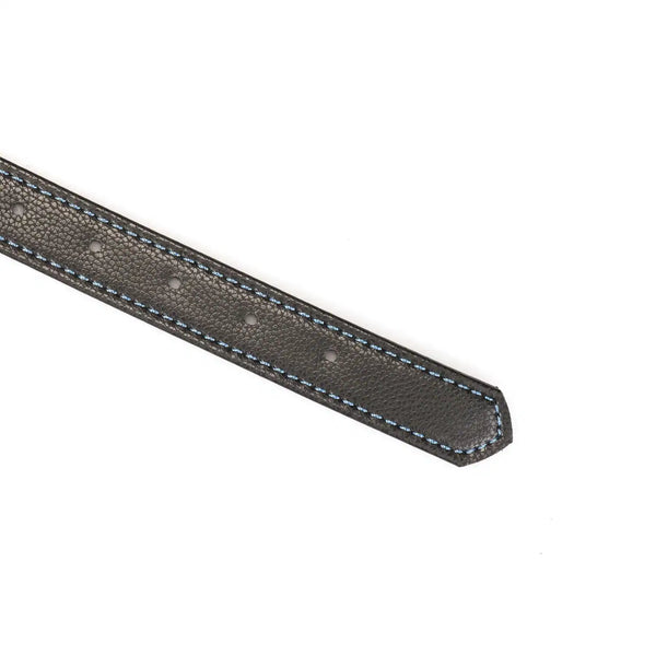 Menottes Denim LIEBE SEELE en cuir noir et textile bleu avec doublure intérieure, reliées par une chaîne métallique, présentées sur fond blanc en vue produit détaillée