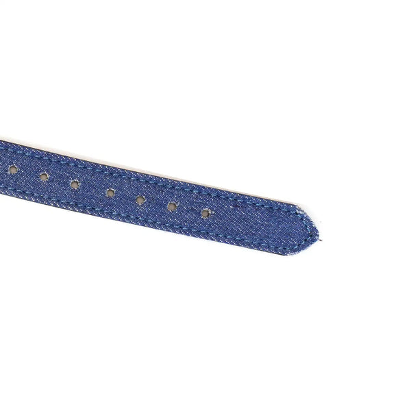 Ball gag Denim LIEBE SEELE avec boule en silicone noire et sangle ajustable en cuir et textile bleu, anneaux métalliques latéraux, présenté sur fond blanc en vue produit détaillée