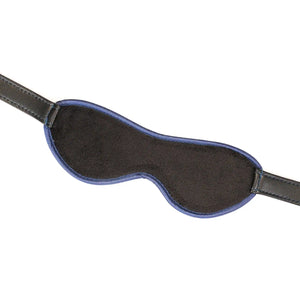 Bandeau Denim LIEBE SEELE en textile bleu avec sangle réglable en cuir noir et boucles métalliques, présenté à plat sur fond blanc, vue produit détaillée