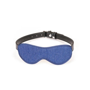 Bandeau Denim LIEBE SEELE en textile bleu avec sangle réglable en cuir noir et boucles métalliques, présenté à plat sur fond blanc, vue produit détaillée