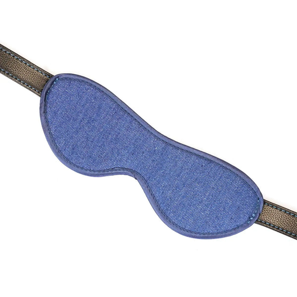 Bandeau Denim LIEBE SEELE en textile bleu avec sangle réglable en cuir noir et boucles métalliques, présenté à plat sur fond blanc, vue produit détaillée