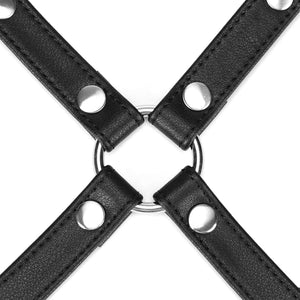 Hogtie en cuir noir avec clips métalliques argentés de la collection Black Bond, pour une soumission totale. Accessoire BDSM durable et efficace, conçu à partir de matériaux recyclés.