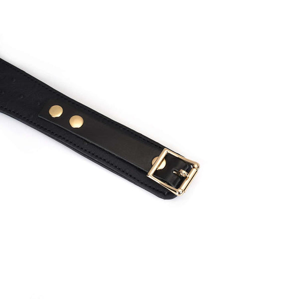 Packshot Collier BDSM en Cuir Noir et Or et Laisse Laiton en Or avec Détail sur Sangle d'Attache et Boucle en Or