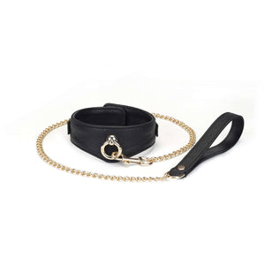 Packshot Collier BDSM en Cuir Noir et Or et Laisse Laiton en Or