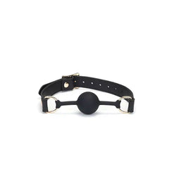 Bâillon Boule GAG en Cuir noir lisse avec boule en silicone sangle réglable détail en métal Doré