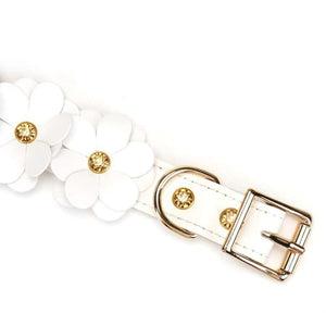 Détail du Packshot du Dessus de Menottes en Cuir Blanc avec Fleurs en Cuir Blanc Mises à Plat