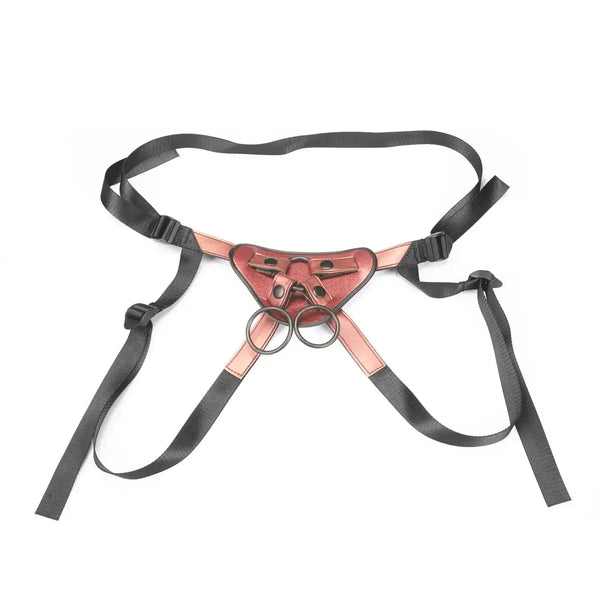 Harnais Strap-On Pink LIEBE SEELE avec base structurée rose, sangles noires réglables et anneaux métalliques, présenté à plat sur fond blanc, vue produit détaillée