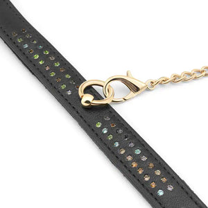 Menottes de Chevilles en Cuir Véritable de Vache Orné de Cristaux Multicolore Discrets avec Attaches O et Chaîne en Métal Doré