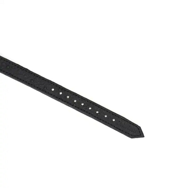 Choker en cuir noir embossé avec lettres argentées SLUT et finitions dorées. Accessoire ajustable, souple et confortable, parfait pour jeux BDSM et tenues fétichistes.