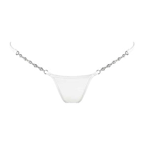 Ici vous pouvez voir le Micro V string Transparent White de la marque LUCKY CHEEKS. Derrière, les bandes blanches des hanches se rejoignent.