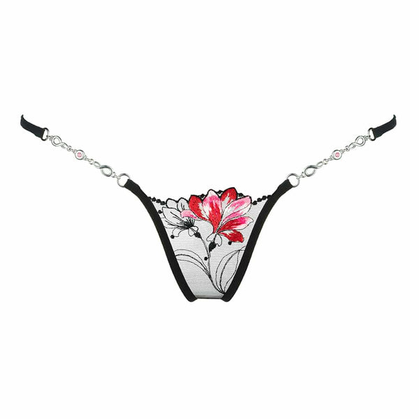 String dentelle noir et motif fleur rouge et rosé par Lucky Cheeks chez Brigade Mondaine