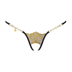 String Ouvert Queen Of Love de LUCKY CHEEKS en broderie Suisse, résille et strass Swarovski, chaîne en zamac, fabrication artisanale en Allemagne.