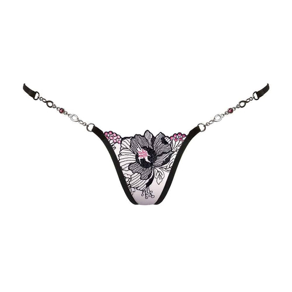 String Bijou Elegant Lady de LUCKY CHEEKS en broderie Suisse, résille et strass Swarovski, chaîne en zamac, fabrication artisanale en Allemagne.