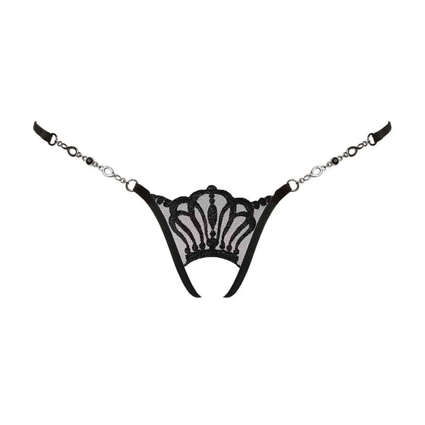 String Ouvert Queen Of Love de LUCKY CHEEKS en broderie Suisse, résille et strass Swarovski, chaîne en zamac, fabrication artisanale en Allemagne.