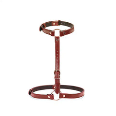 Harnais avec Collier et Menottes de Poignets en Cuir de Vache Rouge vin Détails Rose Gold