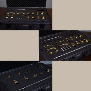 Coffret d’accessoires BDSM en métal doré avec éléments modulaires présenté dans une mallette rigide Brigade Mondaine Paris