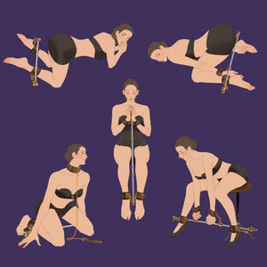 Illustration artistique présentant différentes positions de contrainte avec accessoires UPKO, sélection Brigade Mondaine Paris