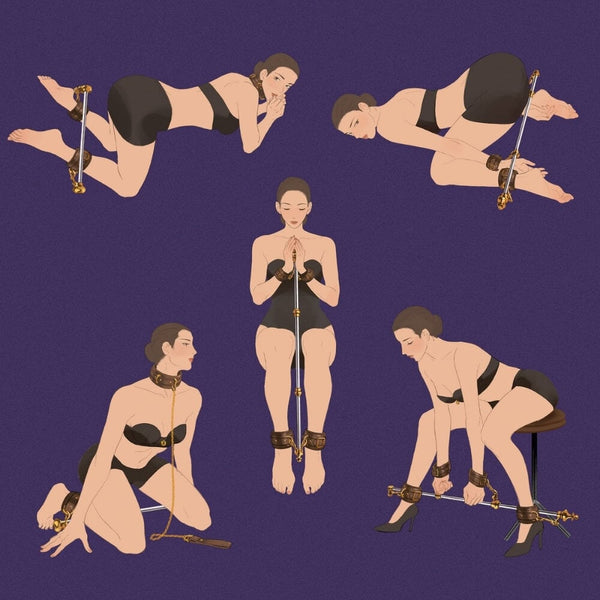 Illustration artistique présentant différentes positions de contrainte avec accessoires UPKO, sélection Brigade Mondaine Paris