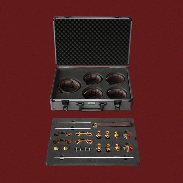 Coffret complet d’accessoires BDSM en cuir et métal doré présenté dans une mallette rigide Brigade Mondaine Paris