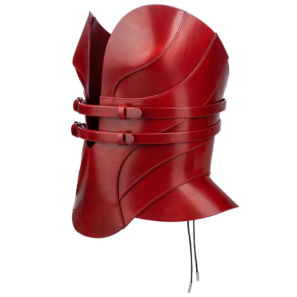 Corset en cuir rouge Daelos par RE:STRICT, corset sculpté avec finitions métalliques, style bondage, confection artisanale à la main.