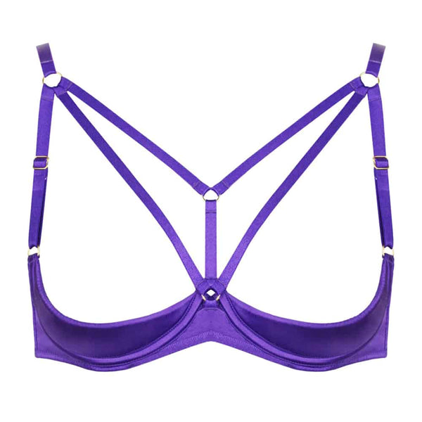 Soutien Gorge ouvert en soie violet de la marque Kaimin. Le soutien gorge ne contient qu’une coque couvrant le bas du sein. Un anneau placé entre les seins permet de tenir deux élastiques placé sur le sein jusqu’au épaules. A l’arrière le soutien gorge est simple et s’agraphe
