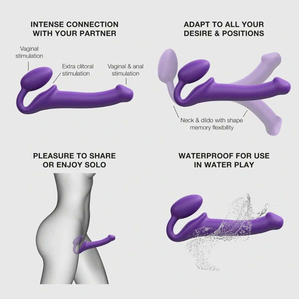 Plug strapless violet STRAP-ON-ME au design courbé et ergonomique, posé sur un socle minimaliste, sélection Brigade Mondaine Paris.