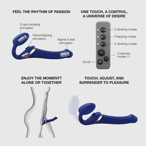 Guide des tailles du Strap-On Multi Orgasm STRAP-ON-ME montrant les dimensions insérables des modèles S, M, L et XL, en longueur et diamètre, sélection Brigade Mondaine Paris.
