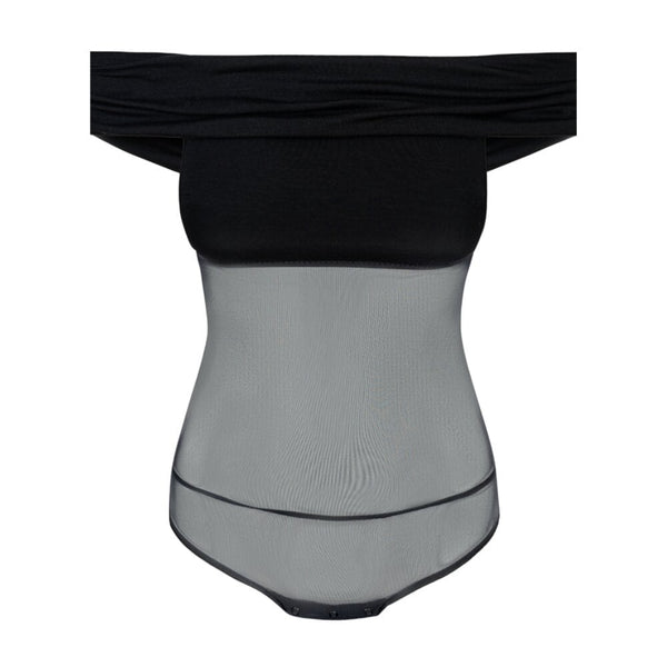 Body noir Undress Code Libra à épaules dégagées, porté par un modèle tenant une coupe de champagne, sélection Brigade Mondaine Paris.