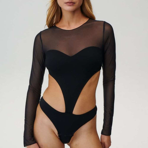 Photo d'une Femme de Devant portant un Body à Empiècements en Résille et Viscose à Manches Longues Ouvert sur le Côté et le Dos couleur Noir