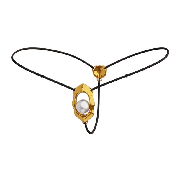 Bijou clitoridien “Moist Eyes” de UPKO avec stimulateur ergonomique et perle roulante. G-String ajustable, détails dorés, alliage de zinc hypoallergénique pour une stimulation et un confort optimaux.