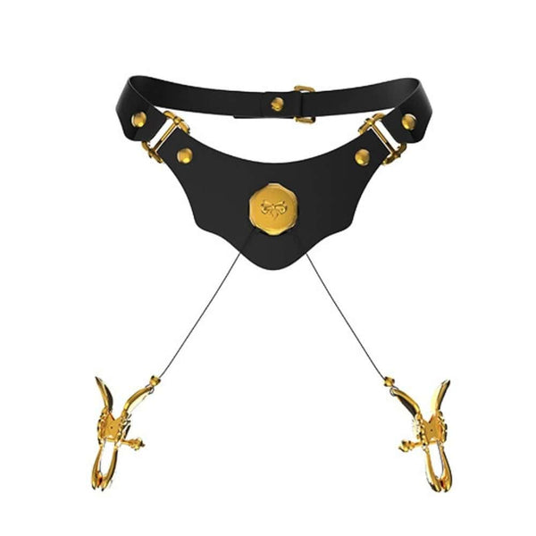 Collier à Pinces Tétons en cuir de vache italien Noir Finitions Dorées