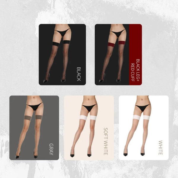 Bas ultra-fins UPKO déchirables en voile satiné, disponibles en noir, blanc, gris et noir + rouge – lingerie sensuelle effet seconde peau.
