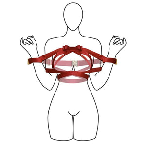 Harnais Bowknot UPKO en sangles noires avec nœud papillon central, encadrant poitrine et bras, équipé d’attaches Velcro – harnais haut du corps esthétique et fonctionnel.
