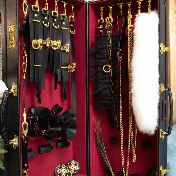 Malle BDSM de Luxe avec 19 accessoires en cuir italien, dans une valise discrète à serrure codée pour une expérience élégante et confidentielle.