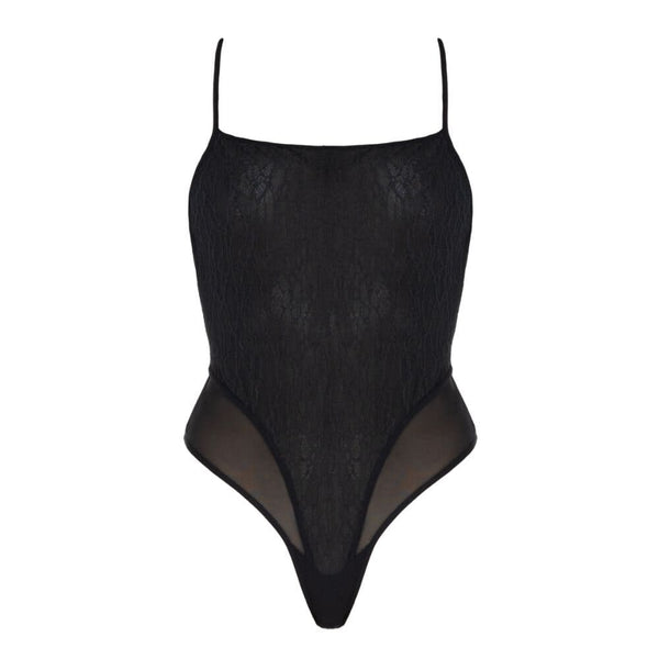 Packshot du Devant d'un Body en Tissus, Mousseline et Dentelle Couleur Noir