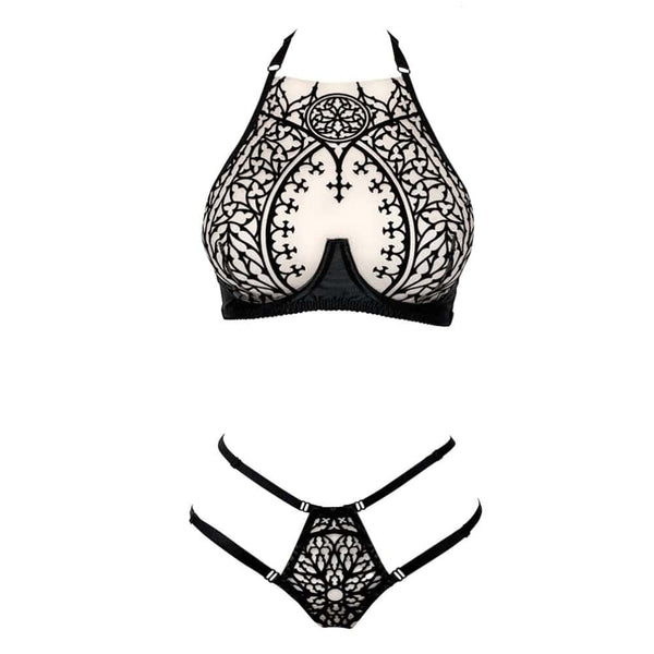 Packshot du Devant d'un Soutien-Gorge et un String en Maille Noir avec Motifs Cathédrale