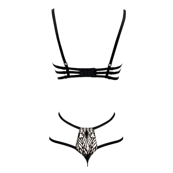 Packshot du Dos d'un Soutien-Gorge et un String en Maille Noir avec Motifs Cathédrale
