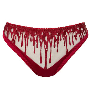 String CRIMSON VIDE NOIR présenté chez Brigade Mondaine Paris, string rouge en tulle transparent brodé de motifs gouttes stylisées, finitions délicates et coupe épurée.