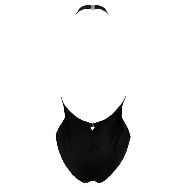 Body gothique brodé en tulle nude, col montant et décolleté en V effet illusion. Détails en satin vegan noir et dos nu. Pièce phare de la collection DOGMA par Videnoir.