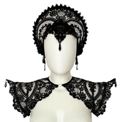 Handmade in Italy with custom floral embroidery on black mesh, this sculptural epaulette is reinforced with internal metal boning along the shoulder line to maintain its dramatic, elevated silhouette. Adjustable elastic bands positioned under the arms ensure comfort and stability while preserving structure. Front opening with metal clasp for a clean neckline and easy wear. Lightweight yet statement-making — a refined construction that balances delicacy and strength. Available in multiple sizes. Please refer
