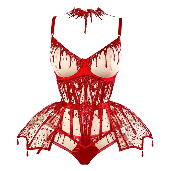 Choker Blood rouge VIDE NOIR présenté chez Brigade Mondaine Paris, tulle nude brodé de motifs rouges fluides, porté sur mannequin, avec pendentif central rouge facetté.