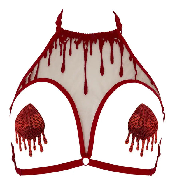 Harnais CRIMSON VIDE NOIR présenté chez Brigade Mondaine Paris, harnais rouge en tulle brodé avec motifs de gouttes stylisées, sangles réglables et structure ajourée au rendu couture.