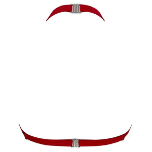 Harnais CRIMSON VIDE NOIR présenté chez Brigade Mondaine Paris, harnais rouge en tulle brodé avec motifs de gouttes stylisées, sangles réglables et structure ajourée au rendu couture.