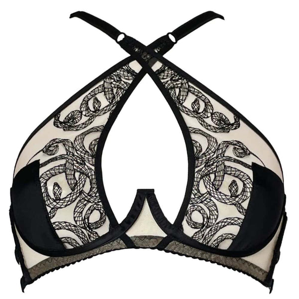 Soutien-gorge Aspidis VIDE NOIR présenté chez Brigade Mondaine Paris, mesh nude brodé de motifs noirs serpentins, bonnets structurés, bretelles fines et fermeture réglable, photographié en studio.
