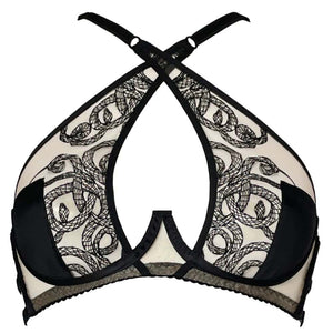 Soutien-gorge Aspidis VIDE NOIR présenté chez Brigade Mondaine Paris, mesh nude brodé de motifs noirs serpentins, bonnets structurés, bretelles fines et fermeture réglable, photographié en studio.