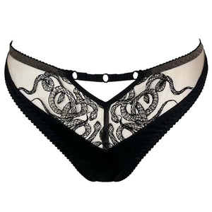 Culotte Aspidis VIDE NOIR présentée chez Brigade Mondaine Paris, mesh nude brodé de motifs noirs serpentins, coupe classique avec finitions fines, photographiée en studio.