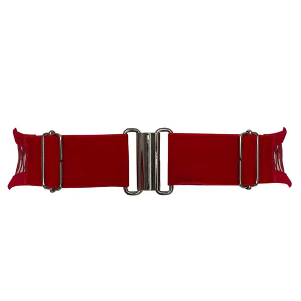 Ceinture corset CRIMSON VIDE NOIR proposée par Brigade Mondaine Paris, ceinture rouge en tulle transparent brodé de motifs gouttes scintillantes, lignes verticales structurées et finitions nettes.