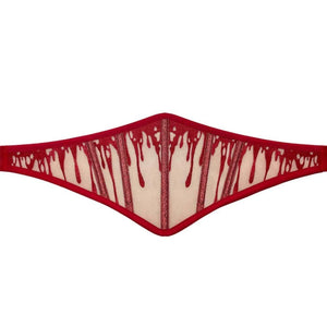 Ceinture corset CRIMSON VIDE NOIR proposée par Brigade Mondaine Paris, ceinture rouge en tulle transparent brodé de motifs gouttes scintillantes, lignes verticales structurées et finitions nettes.