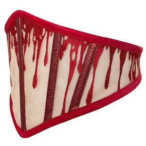 Ceinture corset CRIMSON VIDE NOIR proposée par Brigade Mondaine Paris, ceinture rouge en tulle transparent brodé de motifs gouttes scintillantes, lignes verticales structurées et finitions nettes.